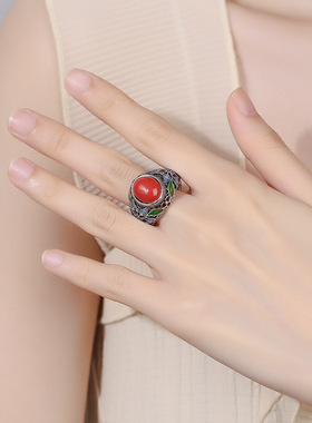 国潮风复古南红玛瑙花丝烧蓝戒指女宫廷花朵做旧活口可调节食指环