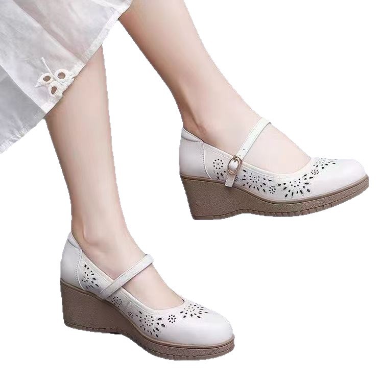 真皮夏法式玛丽珍女鞋厚底高跟坡跟浅口一字扣芭蕾单鞋镂空洞洞 - 图2