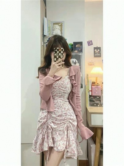 纯欲甜辣风木耳针织开衫套装女秋季新款辣妹设计感时尚碎花吊带裙