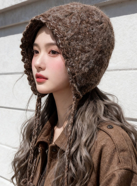 川西旅游针织帽子女冬季韩版显脸小护耳帽加厚保暖流苏套头雷锋帽