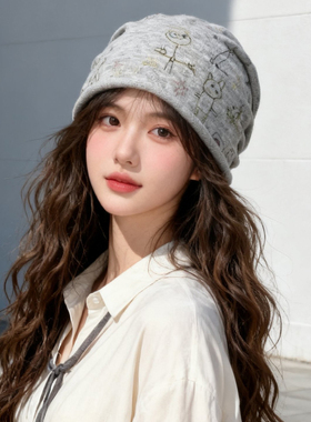 包头棉卡通堆堆帽秋冬季薄款美式帽子女款时尚流高级感卷边冷帽子