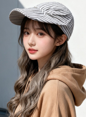 老钱风日系复古褶皱条纹前进帽女春秋显脸小宽檐百搭遮阳鸭舌帽子