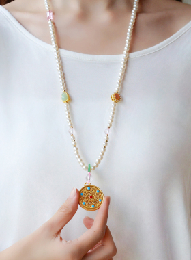 新款国风福气满满圆牌吊坠珍珠长款毛衣项链新中式轻奢小众配饰品