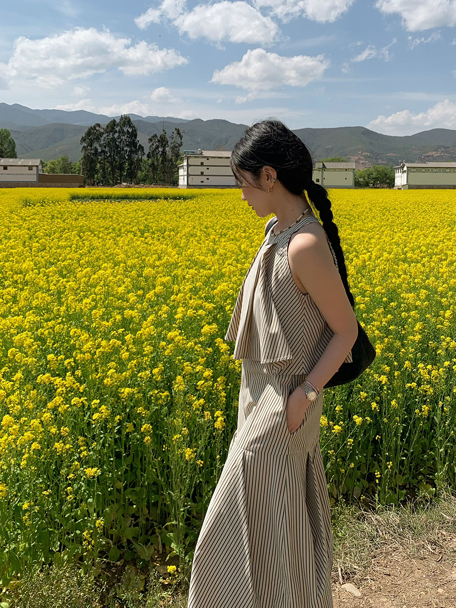 任小艺荷叶边无袖挂脖连衣裙女2024夏季新款设计感小众条纹背心裙