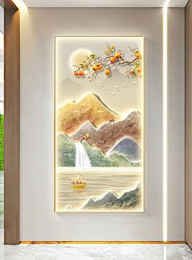 百福图玄关装饰画高档入户门正对墙挂画抽象灯画走廊过道山水壁画