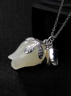 和田玉简约时尚复古银镶嵌挂坠