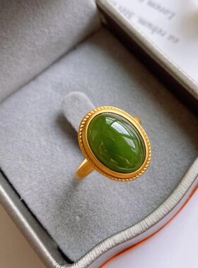 古法金镶嵌天然碧玉女款活口金色复古中国风可调节胖手大号戒指