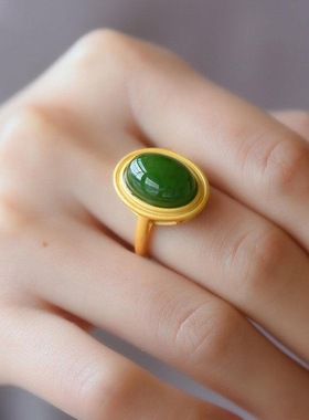 轻奢小众时尚个性天然椭圆戒指祖母绿宫廷风戒指可调节男女款式