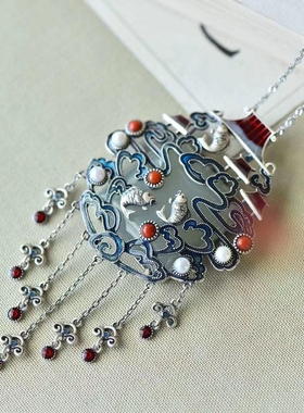 中国风原创设计银镶嵌方形珐琅配多宝鲤鱼跃龙门小众设计吊坠女款