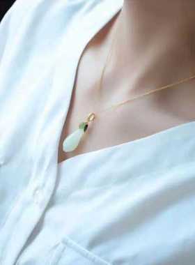 和田玉玉兰花吊坠项链镀银玉石个性气质项坠复古简约景泰蓝锁骨链