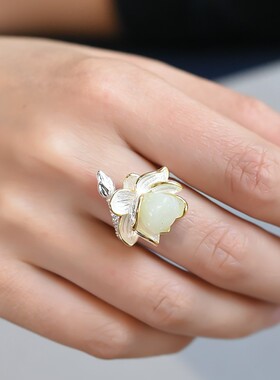 古风爱莲说镀银女款戒指天然白玉金莲花复古佛家古装指环开口戒子