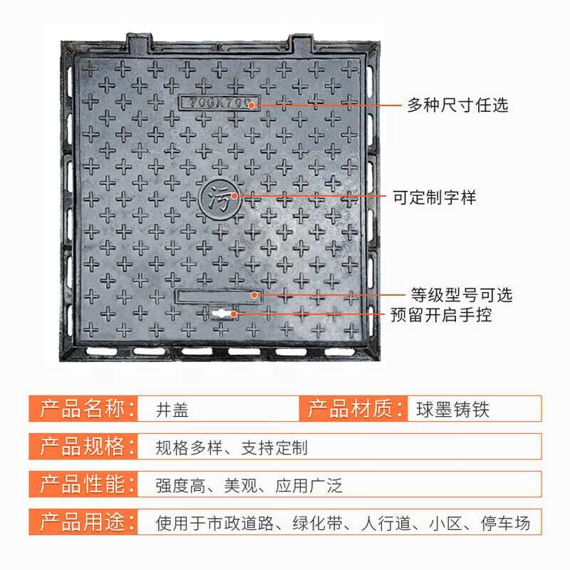 巨成云球墨铸铁方井盖排水沟下水道井盖板800*800承重:10吨重48KG - 图0