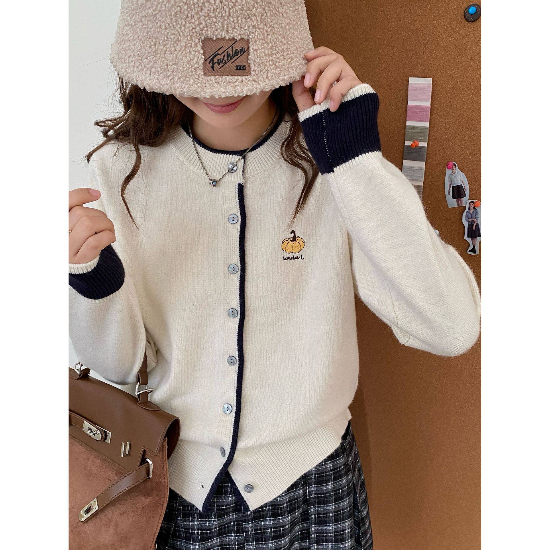 初秋慵懒风韩系清新感南瓜刺绣针织开衫女撞色圆领毛衣外套ZEZ10,淘宝优惠券,粉丝福利购,淘宝优惠卷