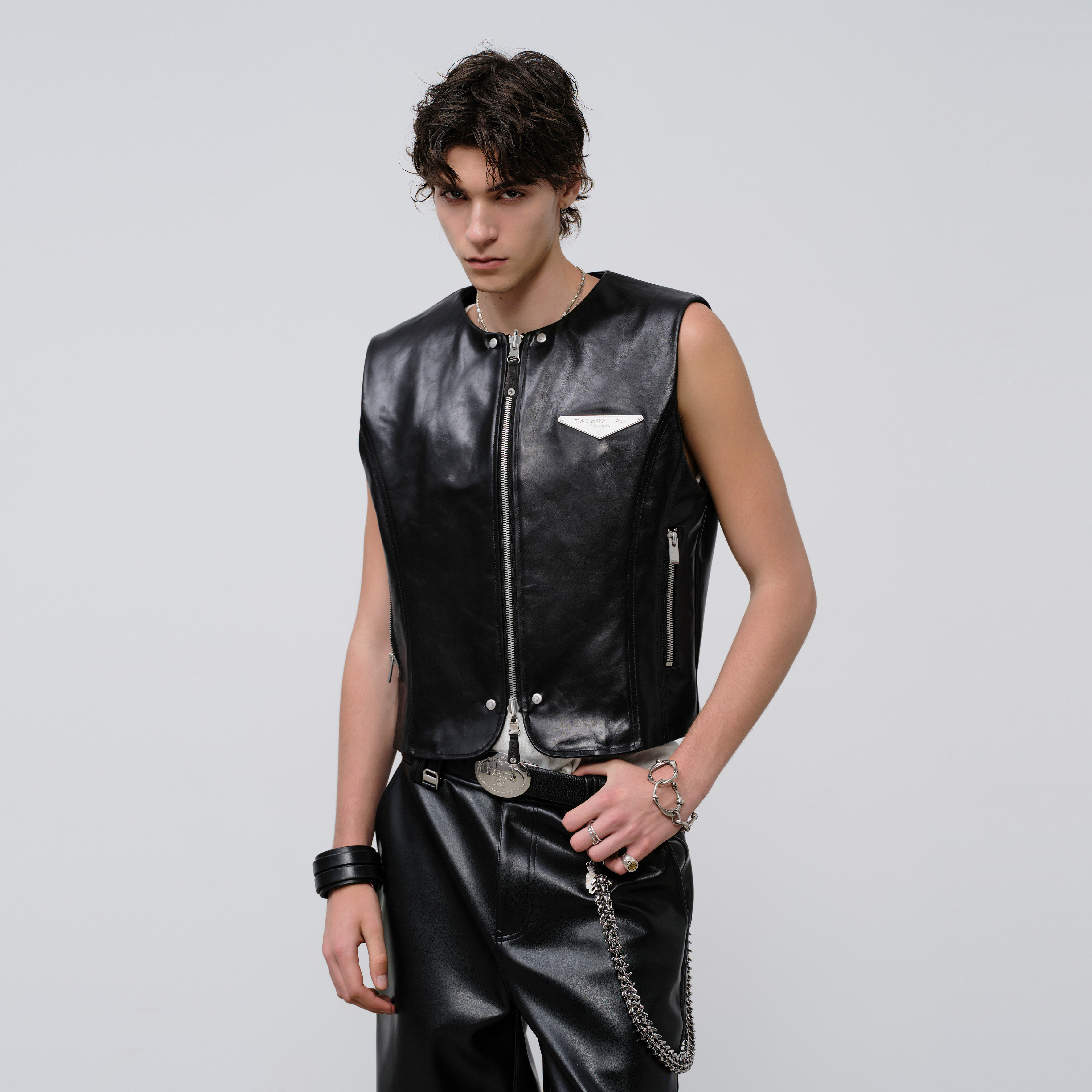 Reversible snake print punk zippered leather vest