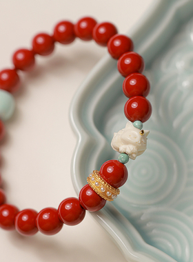 高含量朱砂红砂手串原创设计猛犸牙狐狸绿松手链本命年送女友礼物