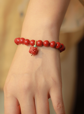 大辰珠宝朱砂高含量红砂手串中国风国潮复古醒狮十八子手链女款