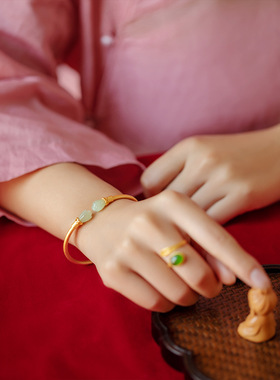 s925纯银手镯女和田碧玉古法金兰花开口复古中国风镯子手饰宫廷风