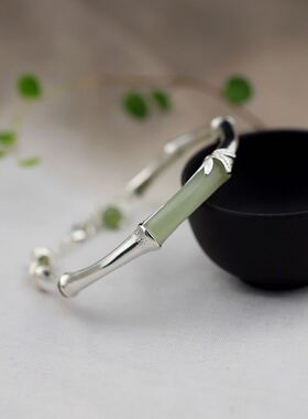 原创手工银925纯银竹节竹子和田玉节节高手链 时尚七夕女友送妈妈