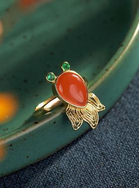 镀s925银鎏金古法金仿南红戒指