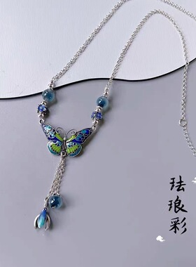 宫廷风设计景泰蓝冷珐琅鎏金项链