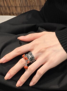 轻奢民族风南红小圆珠葫芦醒狮子手工足银戒指瓜珠新中式潮流女款