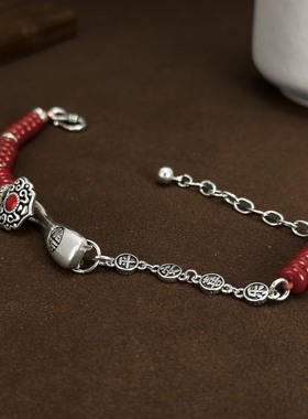 s925银本命年红色玛瑙吉祥如意手链女复古时尚轻奢小众感手饰礼物