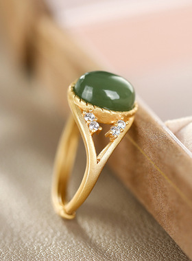 S925纯银镶嵌和田玉青玉椭圆形戒指女个性精致百搭戒指指环