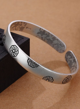 百花仙子花朵磨砂款纯银手镯开口复古设计感女款民族风高级感手饰