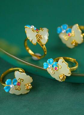 新款设计仙气是S925银景泰蓝白玉蝴蝶古典中国风开口戒指女饰品