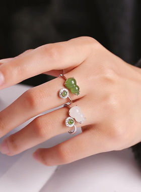 925银天然碧玉白玉如意葫芦福禄时尚优雅精致可调节白金古风戒指