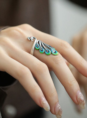新中式复古925银珐琅彩孔雀戒指环开口调节百搭女小众设计高级感