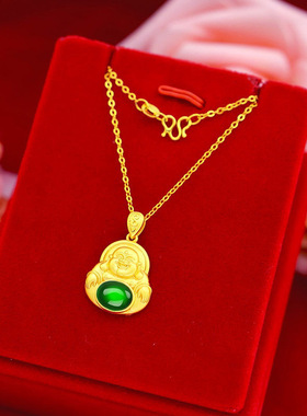 新款 纯银绿色笑佛宝石项链妈妈网红白色工艺宝石项链绿色民族风