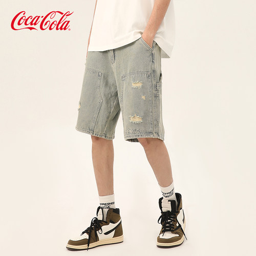 Coca-Cola/可口可乐 美式水洗做旧夏季男破洞伐木裤牛仔五分短裤 - 图1