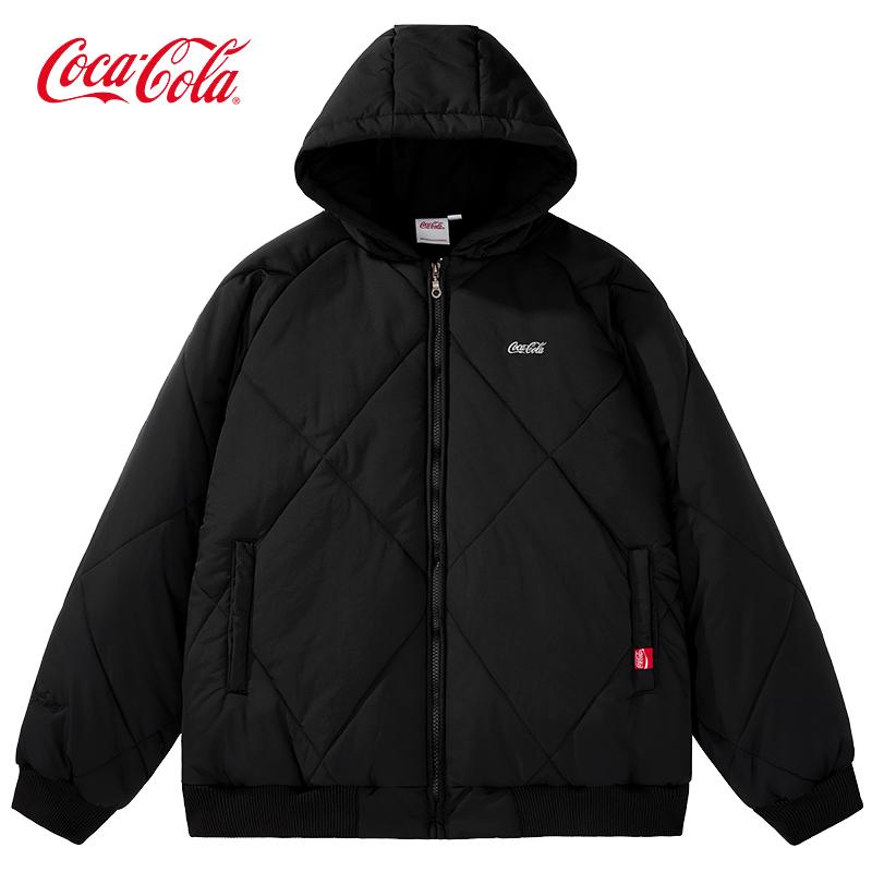 Coca-Cola可口可乐 菱形格榻榻米刺绣保暖外套休闲连帽棉服男女