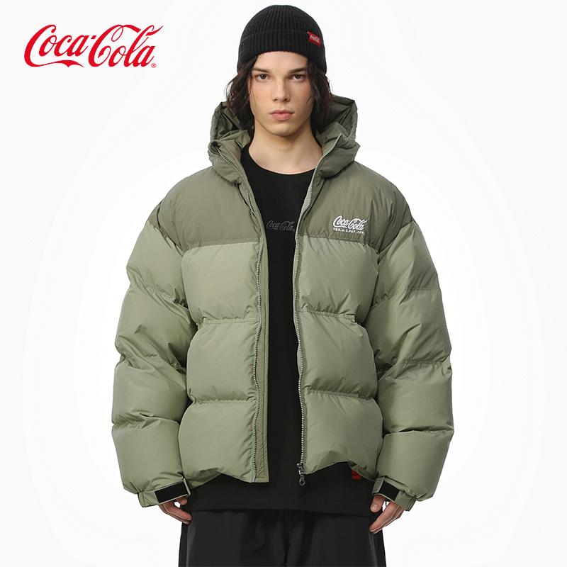 Coca-Cola可口可乐 90白鸭绒拼接撞色冬季保暖外套连帽羽绒服男女