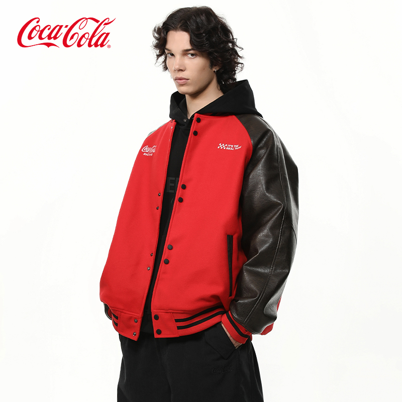 Coca-Cola可口可乐 PU皮夹克男美式刺绣春秋款外套毛呢棒球服女