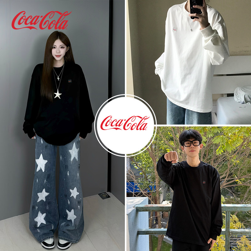 Coca-Cola/可口可乐 纯色刺绣打底衫美式落肩圆领长袖T恤男女同款,淘宝优惠券,粉丝福利购,淘宝优惠卷