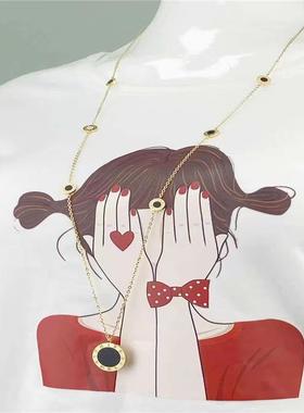 新款钛钢圆盘毛衣链双面罗马数字项链长款百搭简约大气时尚挂饰女