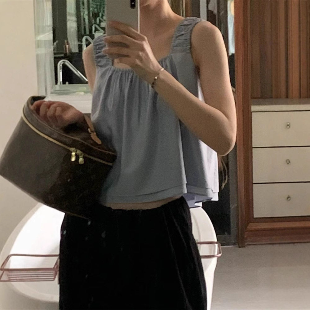 ounce现H25夏韩国东大门简约纯色设计感木耳肩带方领无袖上衣背心,淘宝优惠券,粉丝福利购,淘宝优惠卷