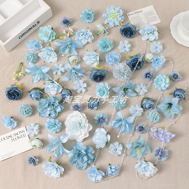 蓝色系混搭仿真花头 diy手工材料包手作簪花头饰花环裙撑谷美道具,淘宝优惠券,粉丝福利购,淘宝优惠卷