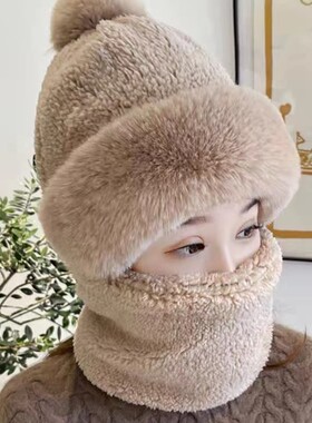 2025新款一体帽子围巾女加绒加厚保暖毛绒冬防寒护耳围脖可爱连帽