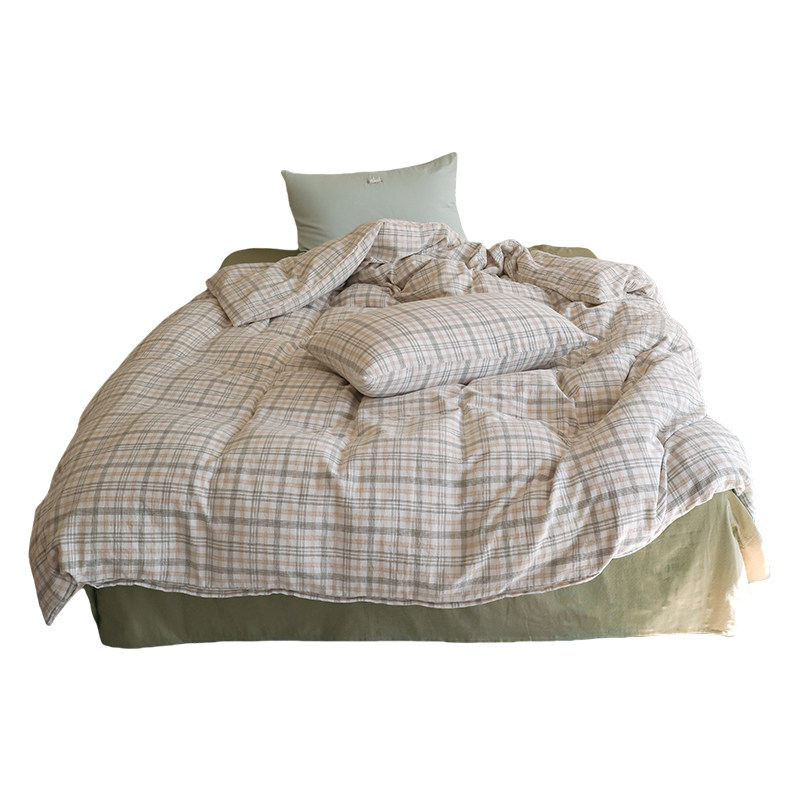 花时间生活小清新格纹刺绣被套全棉双层纱床单四件套秋冬床上用品,淘宝优惠券,粉丝福利购,淘宝优惠卷