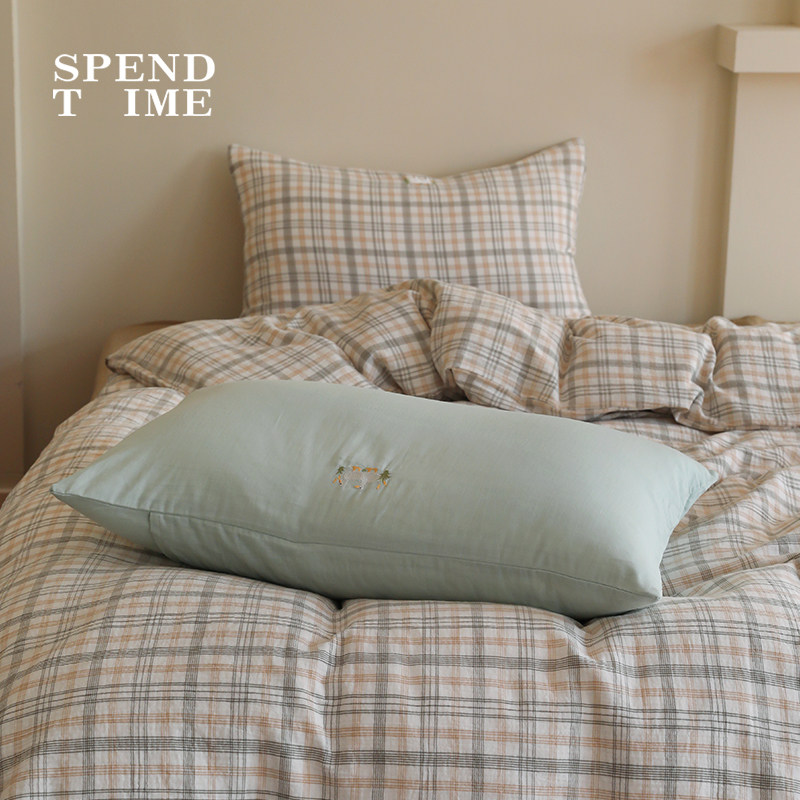 花时间生活小清新格纹刺绣被套全棉双层纱床单四件套秋冬床上用品,淘宝优惠券,粉丝福利购,淘宝优惠卷