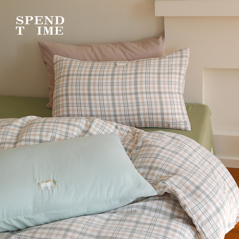 花时间生活小清新格纹刺绣被套全棉双层纱床单四件套秋冬床上用品,淘宝优惠券,粉丝福利购,淘宝优惠卷