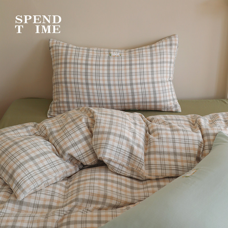 花时间生活小清新格纹刺绣被套全棉双层纱床单四件套秋冬床上用品,淘宝优惠券,粉丝福利购,淘宝优惠卷