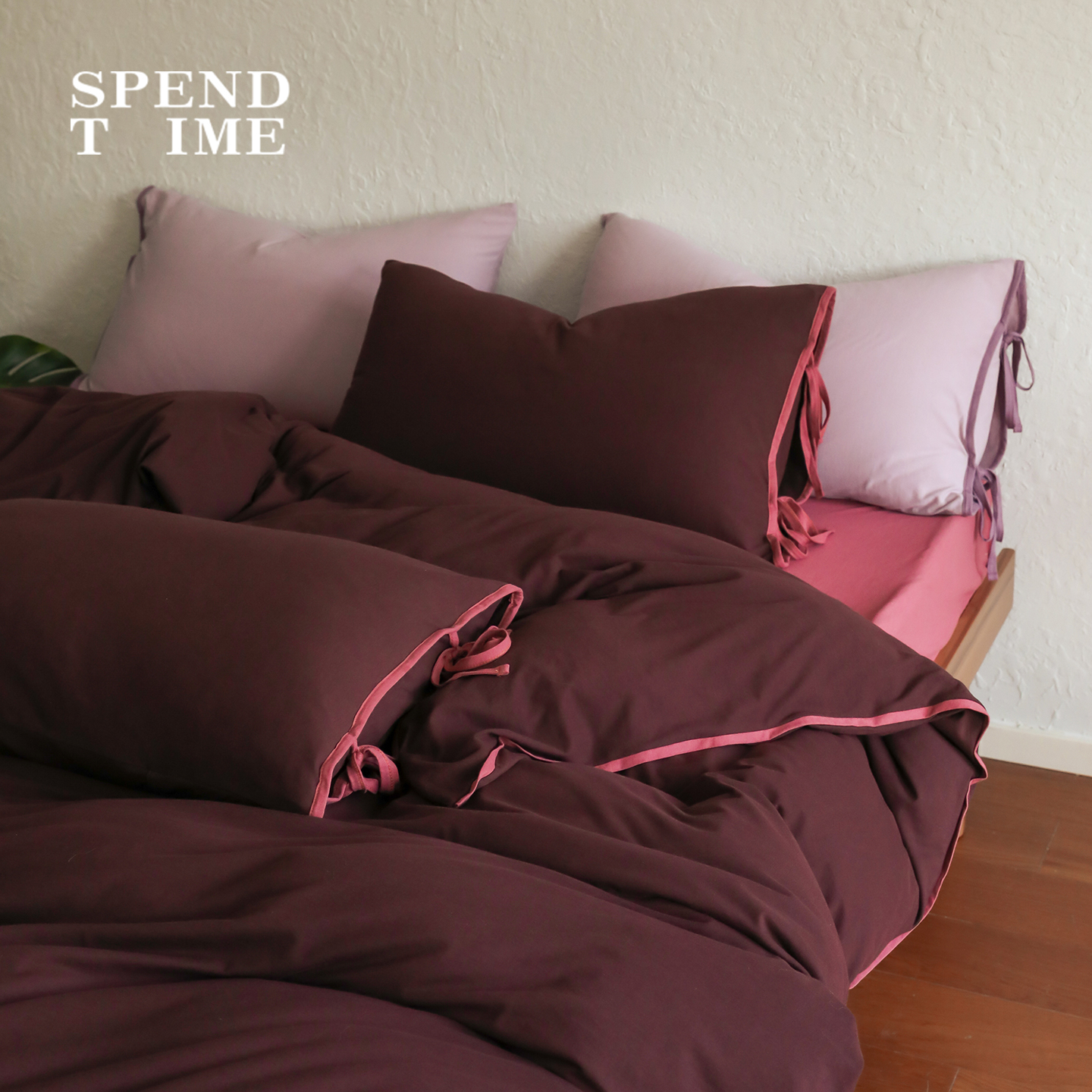 花时间生活原创撞色绑带针织棉100全棉四件套亲肤裸睡床单床笠 - 图1