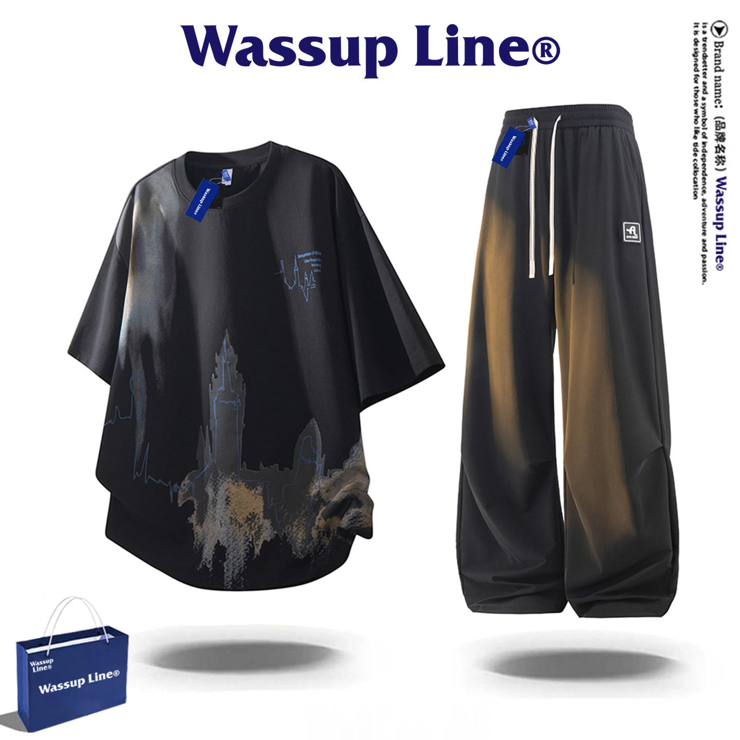 WASSUP Line潮牌美式短袖套装男款夏季宽松情侣运动T恤男士两件套,淘宝优惠券,粉丝福利购,淘宝优惠卷