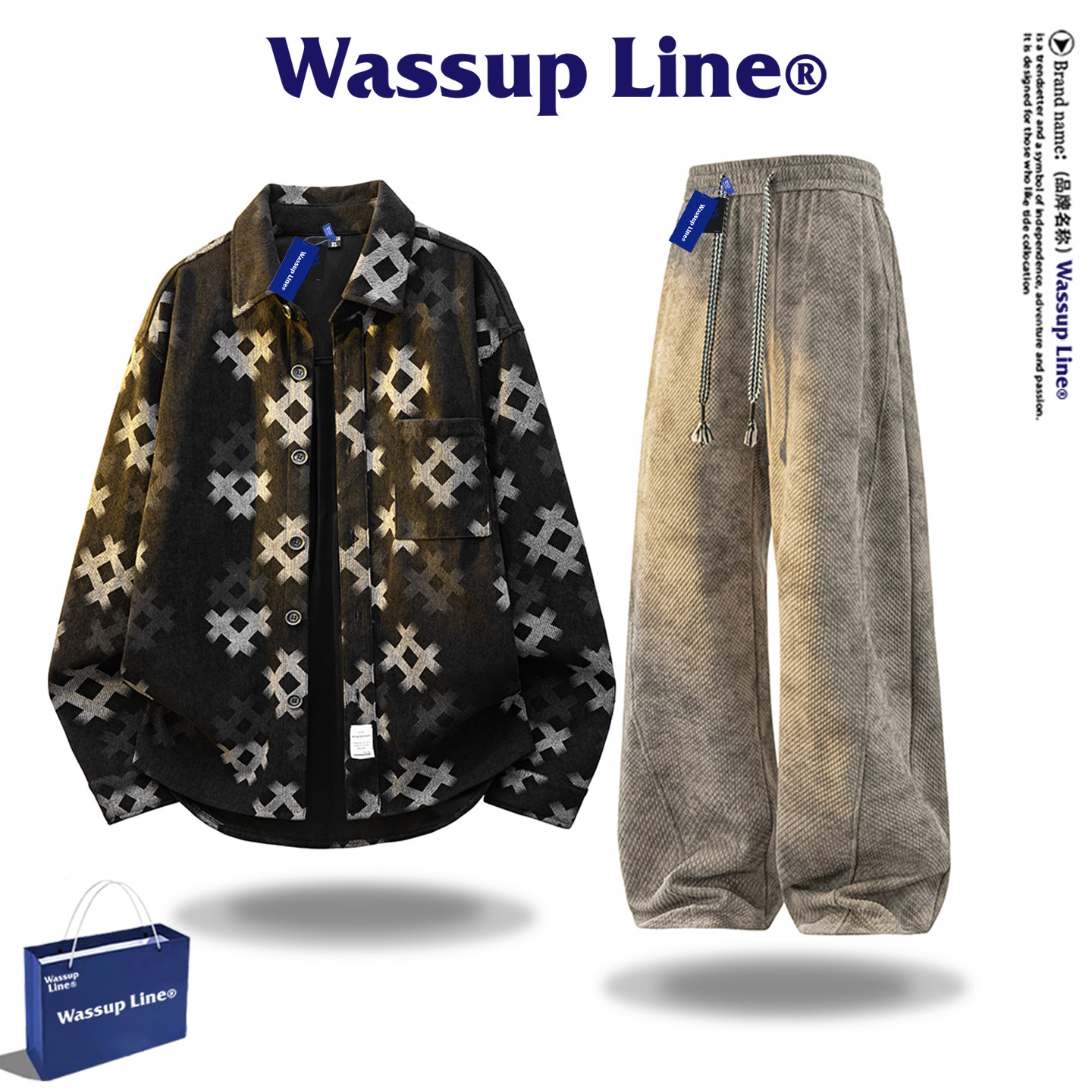 WASSUP Line潮牌长袖衬衫套装男款复古宽松休闲衬衣外套男两件套,淘宝优惠券,粉丝福利购,淘宝优惠卷