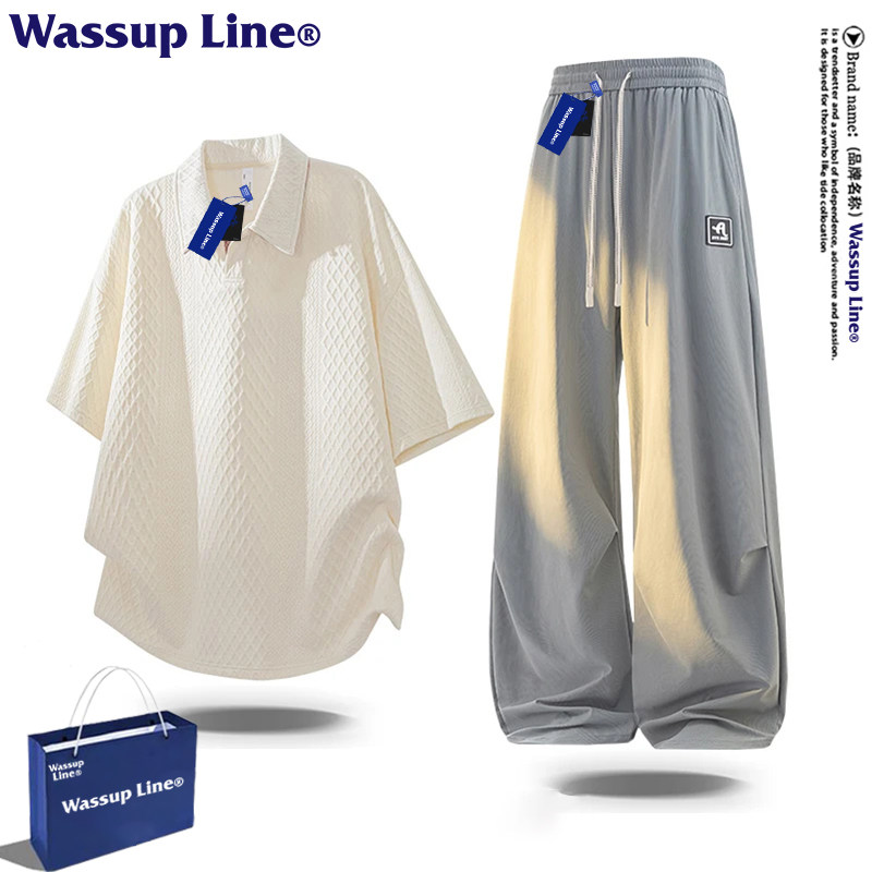 WASSUP Line潮牌美式套装男款短袖POLO衫短裤夏季薄款宽松两件套,淘宝优惠券,粉丝福利购,淘宝优惠卷