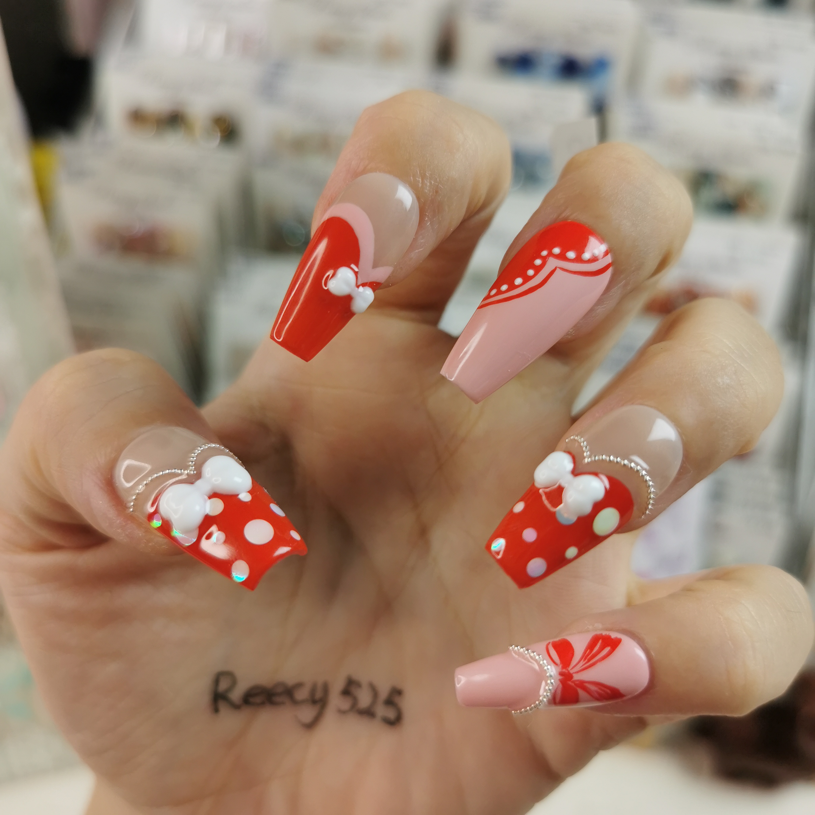 【Reecy手工穿戴甲】C022 双色波点立体蝴蝶结波浪法式手工穿戴甲 - 图0